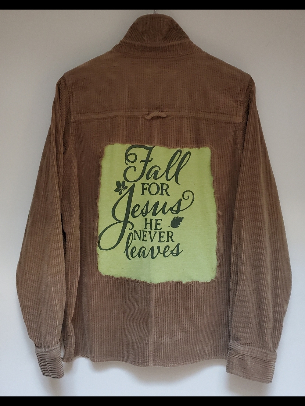 Upcycled Corduroy Shirt with 'Fall for Jesus' Back Patch - Brown & Lime
